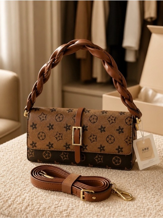 Unbranded Handbags - NWT Monogram Flap Crossbody Bag Braided Shoulder Strap Brown Two Tone